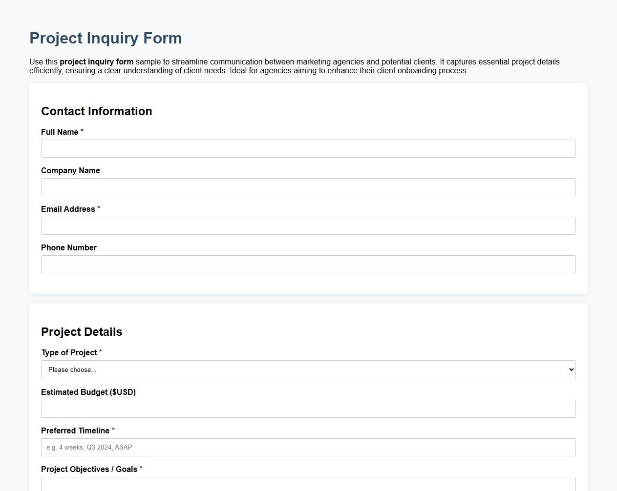 project inquiry form sample for marketing agencies image preview