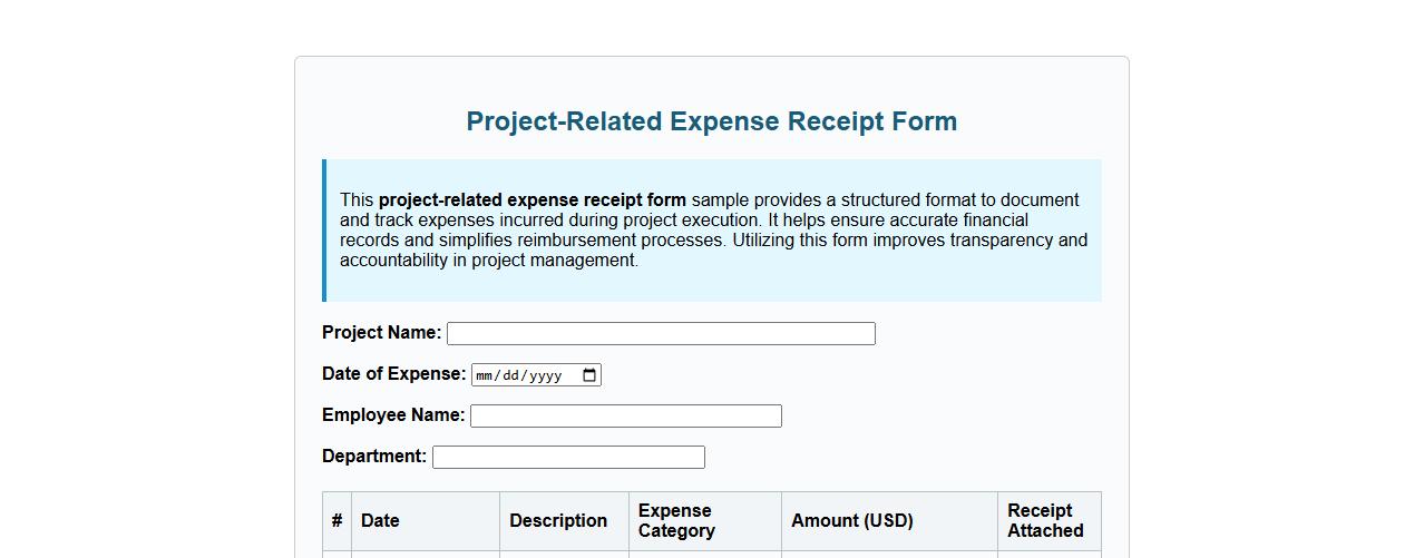 Project-related expense receipt form sample image preview