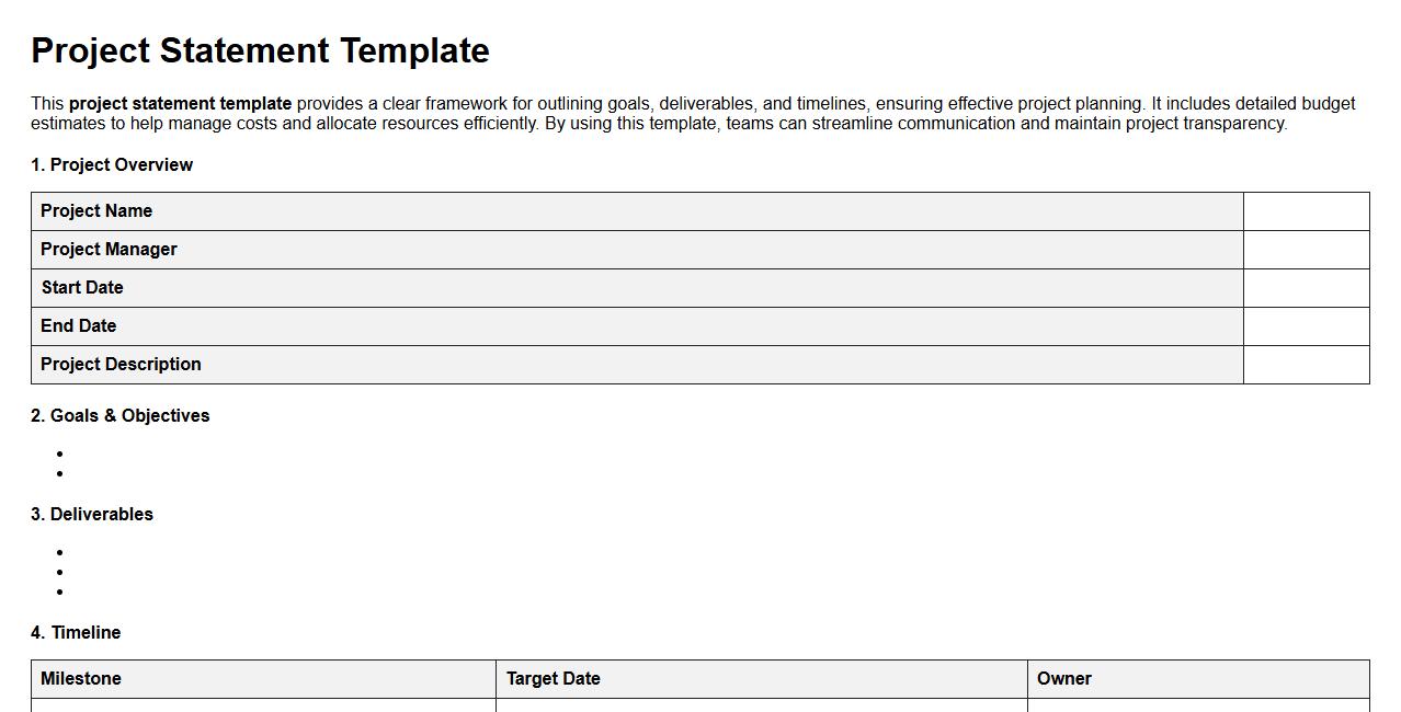 Project statement template including budget estimates image preview