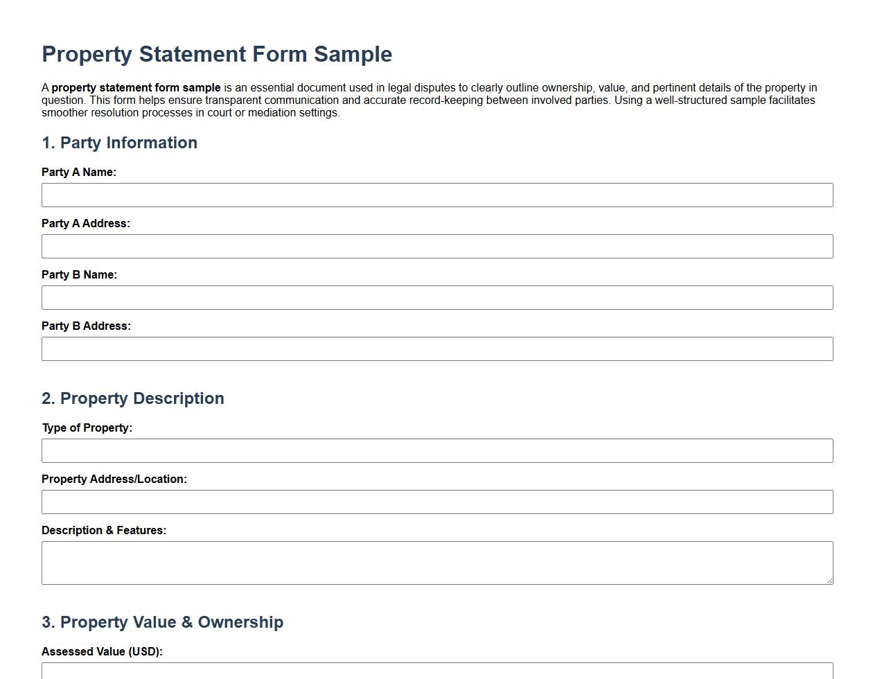 Property statement form sample for legal disputes image preview