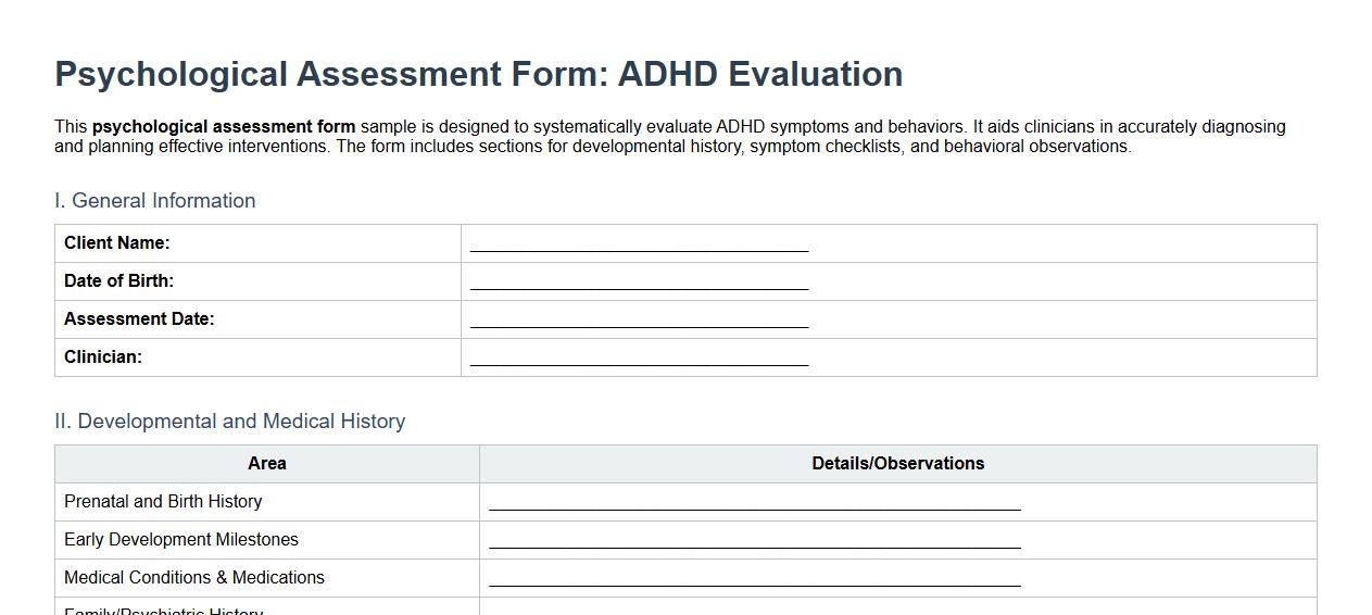 Psychological assessment form sample for ADHD evaluation image preview
