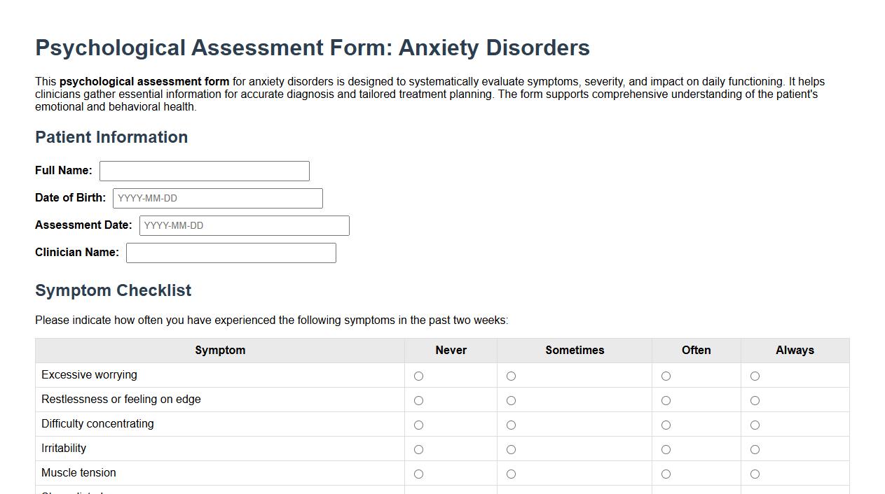 Psychological assessment form sample for anxiety disorders image preview