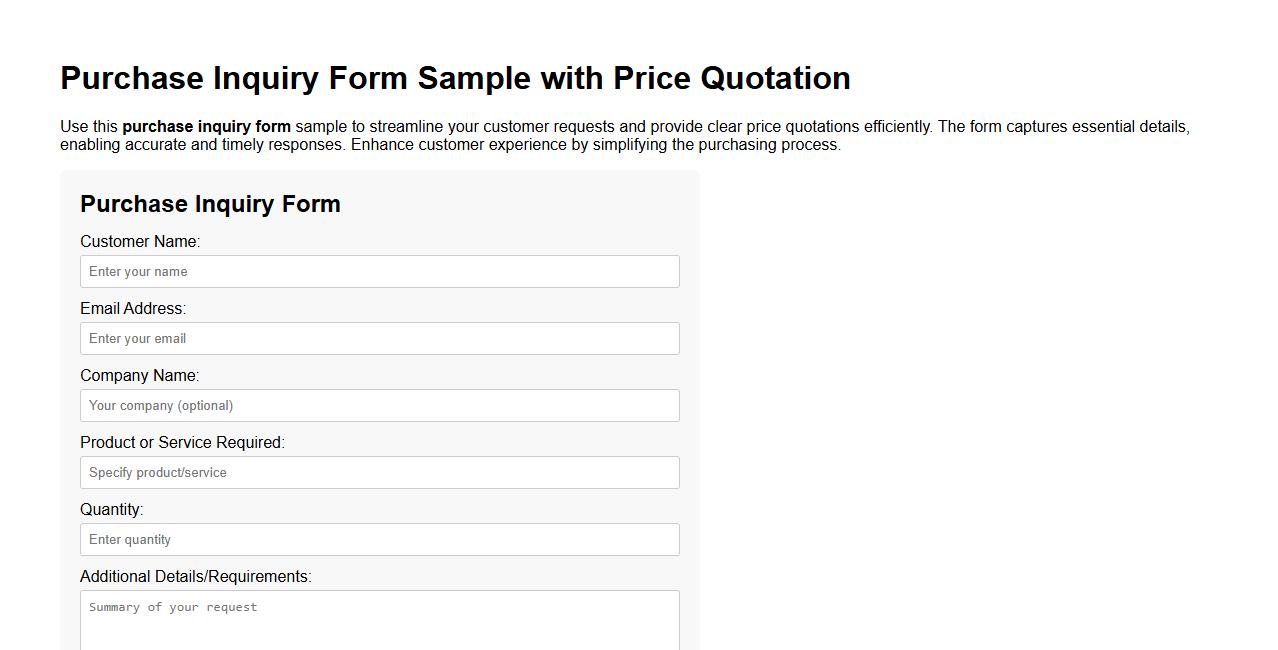 Purchase inquiry form sample with price quotation image preview