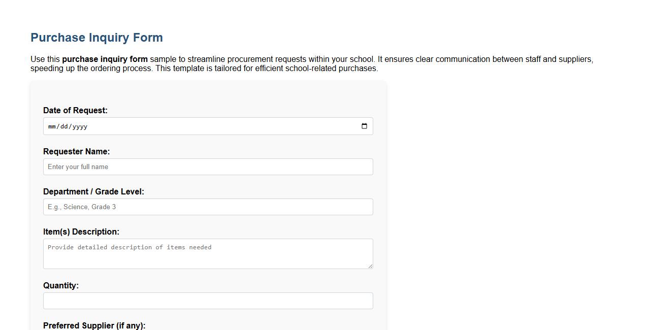 Purchase inquiry form sample for school use image preview