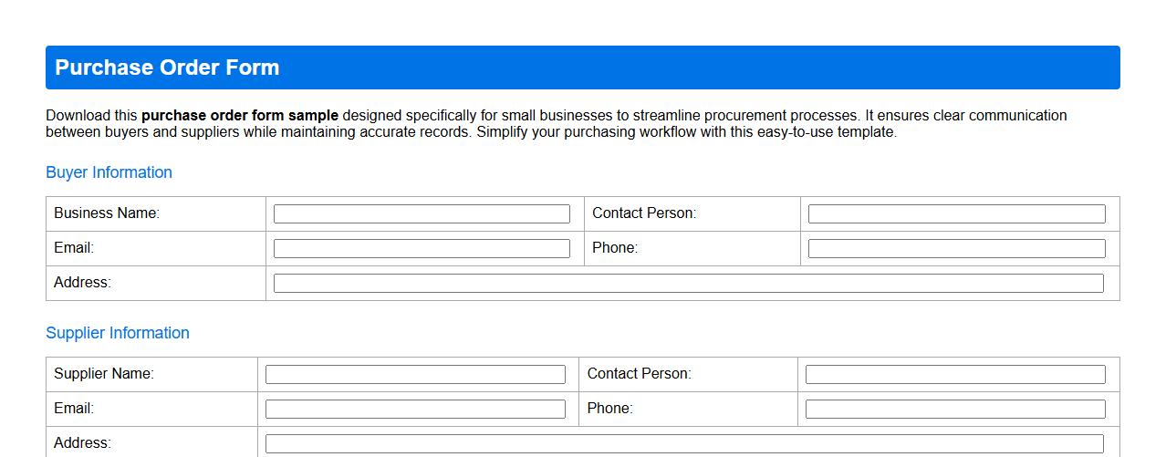 Purchase order form sample for small businesses image preview