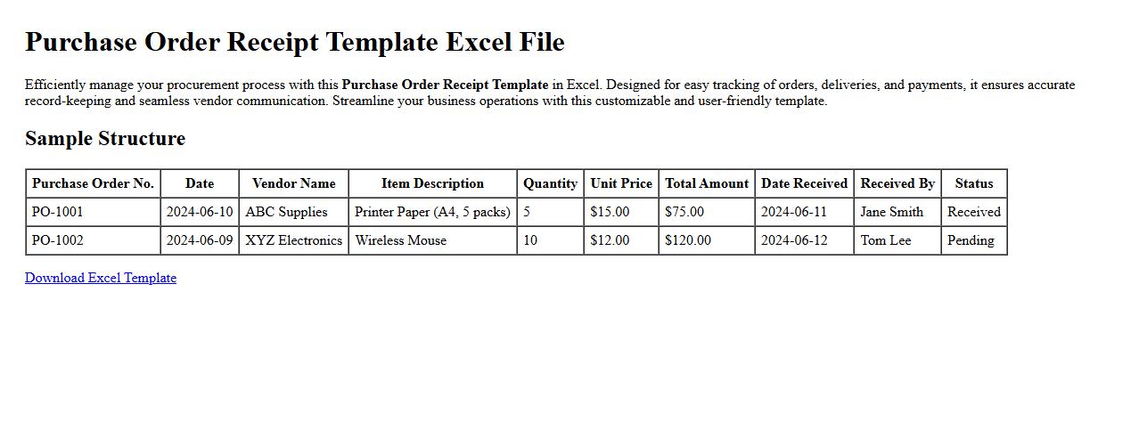Purchase order receipt template Excel file image preview