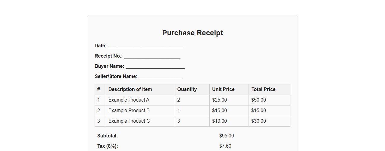 Purchase receipt form sample with itemized list image preview