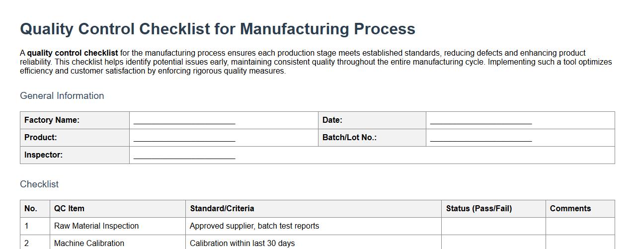quality control checklist for manufacturing process image preview