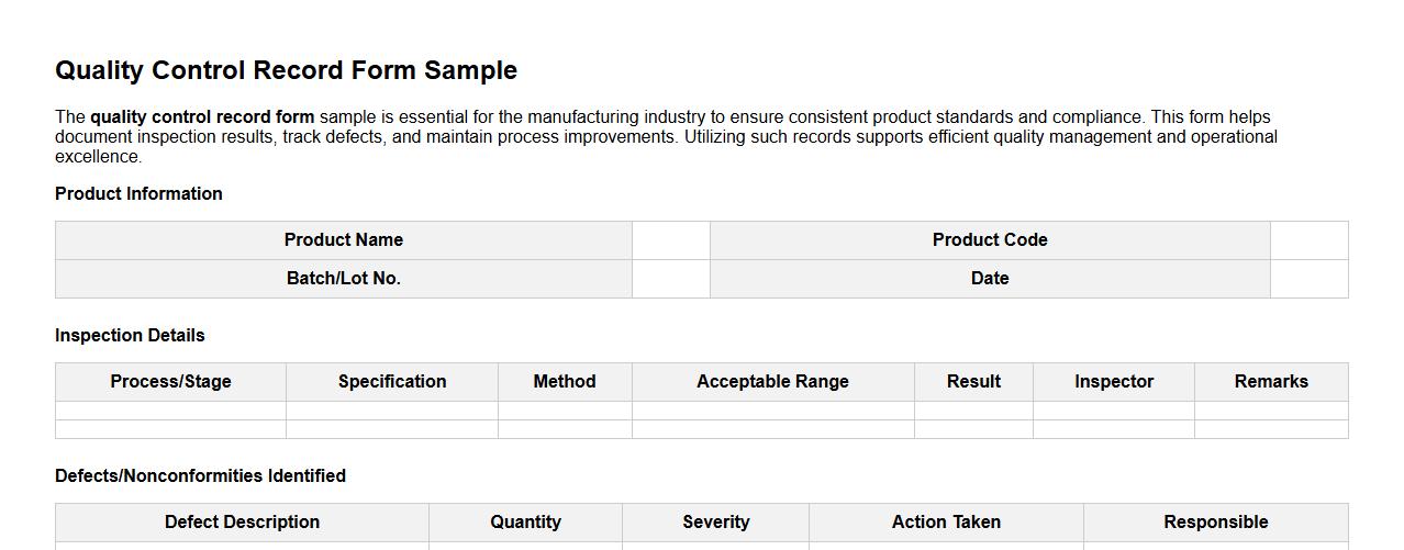 Quality control record form sample for manufacturing industry image preview
