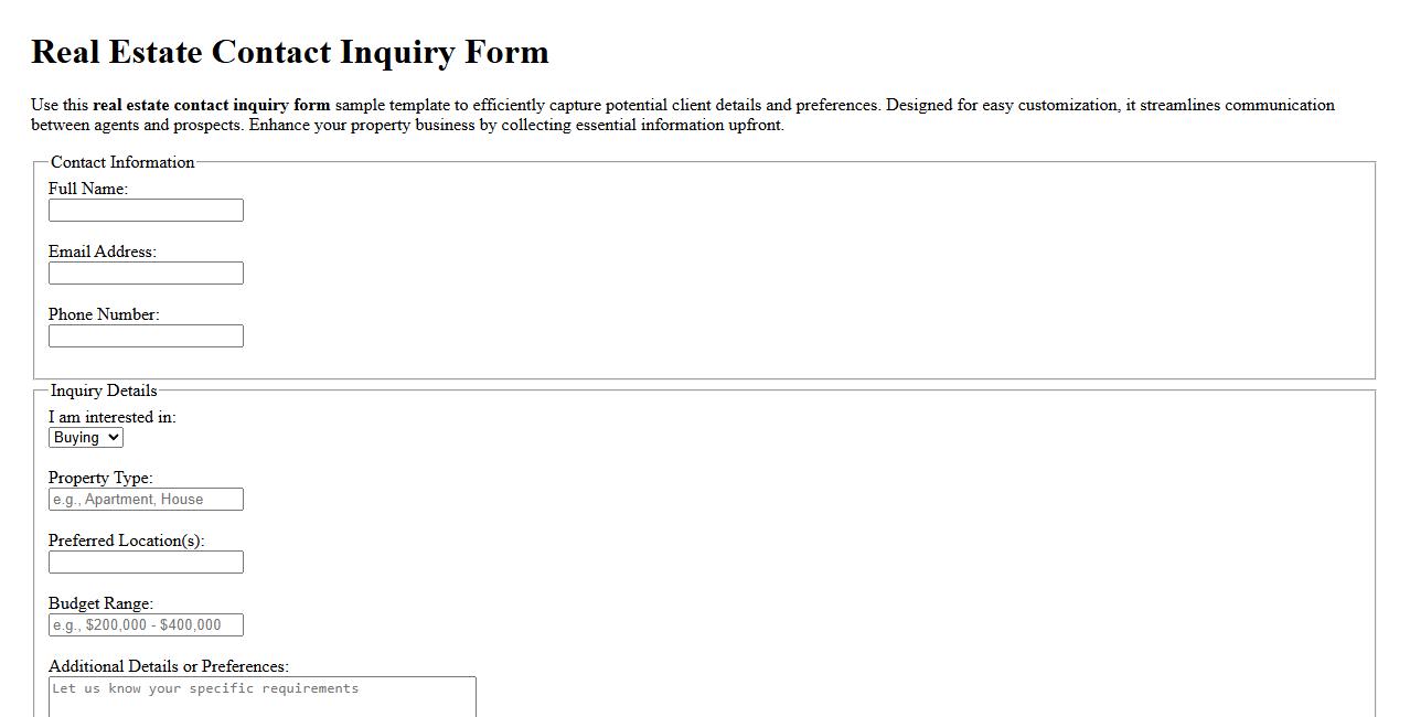 Real estate contact inquiry form sample template image preview