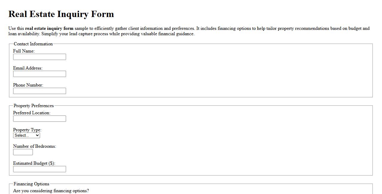 Real estate inquiry form sample with financing options image preview