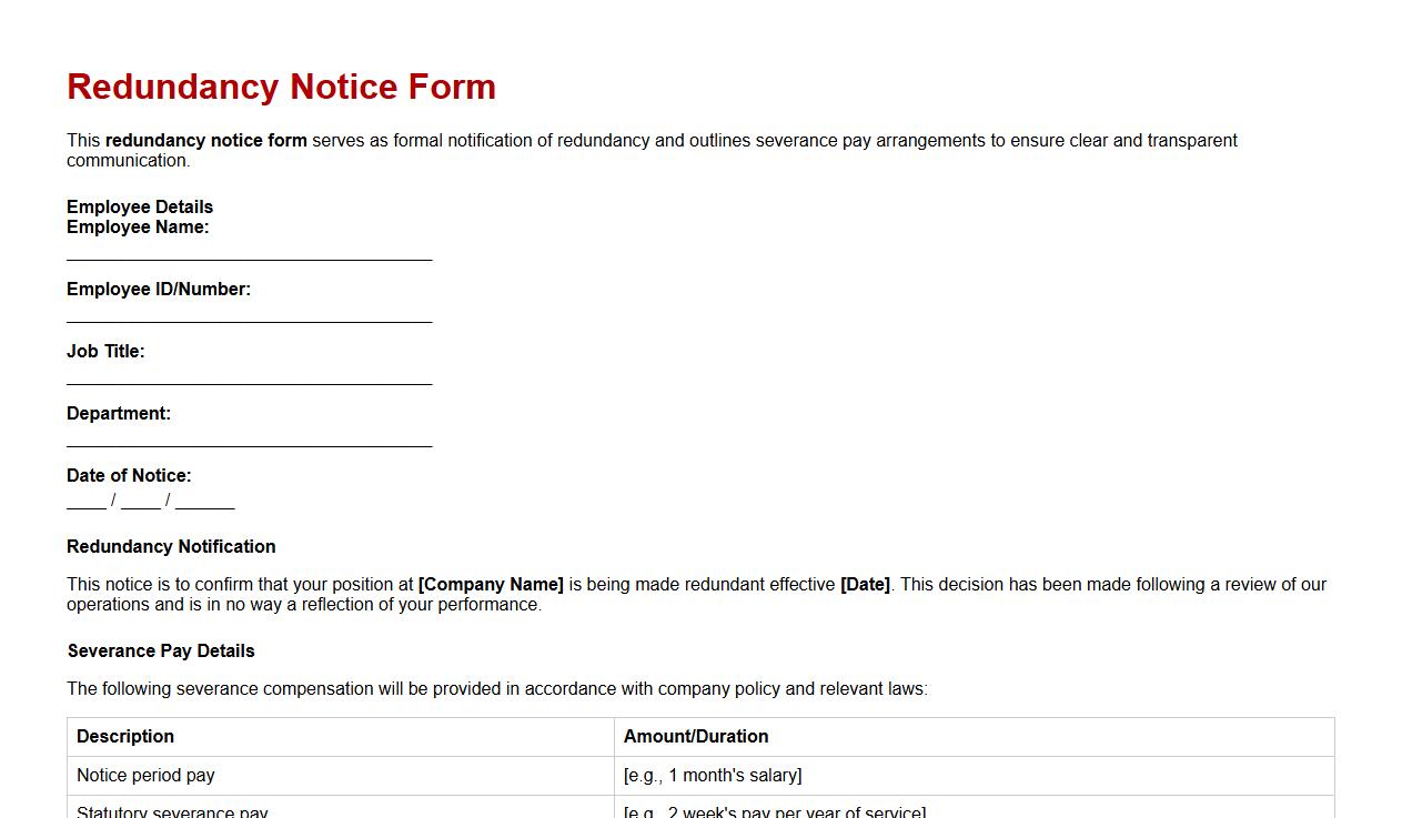 Redundancy notice form sample with severance pay details image preview