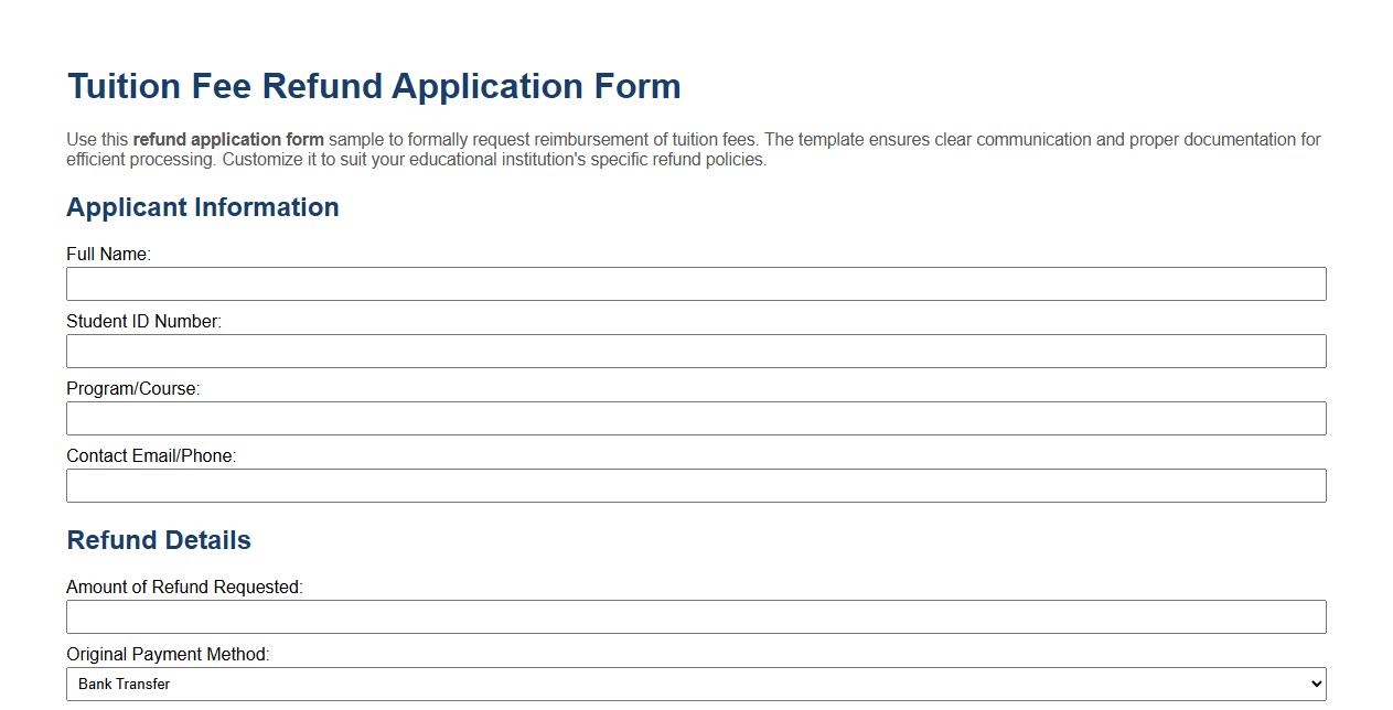 Refund application form sample for tuition fees image preview