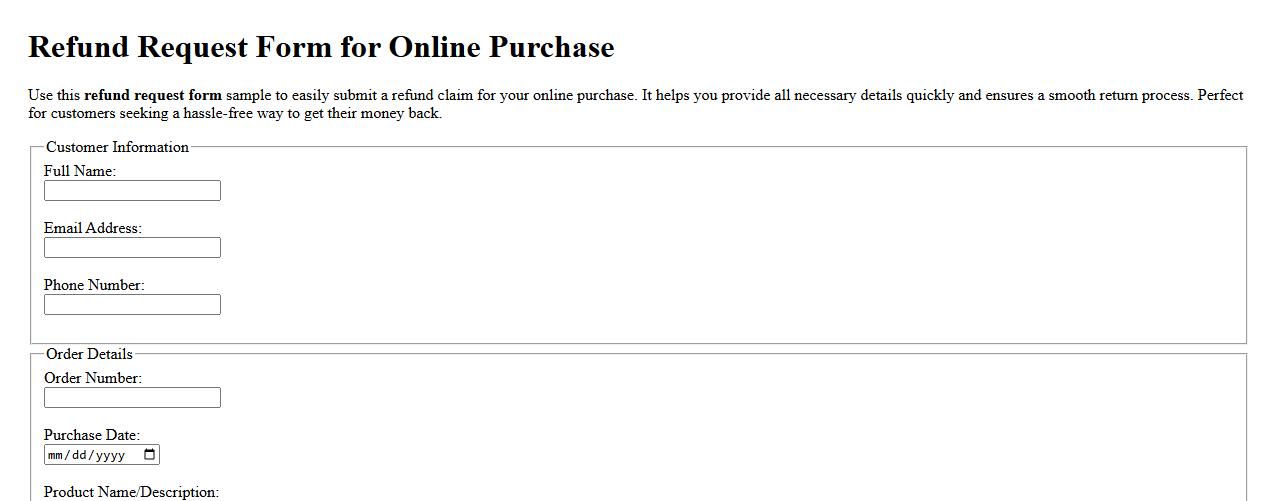 Refund request form sample for online purchase image preview