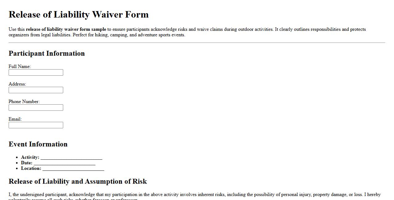 Release of liability waiver form sample for outdoor activities image preview