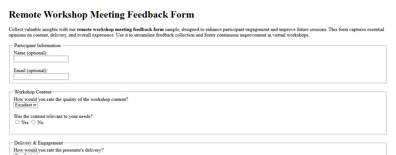 Remote workshop meeting feedback form sample for participants image preview