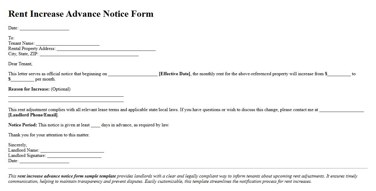 Rent increase advance notice form sample template image preview