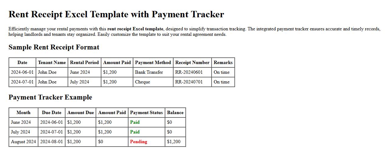 rent receipt excel template with payment tracker image preview