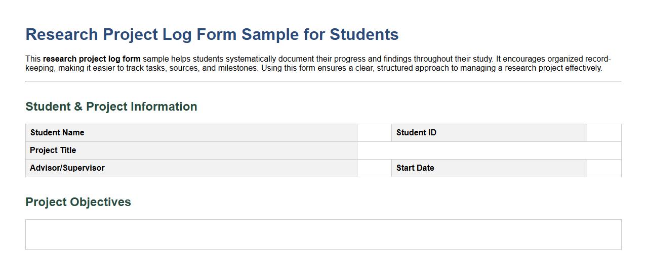 Research project log form sample for students image preview