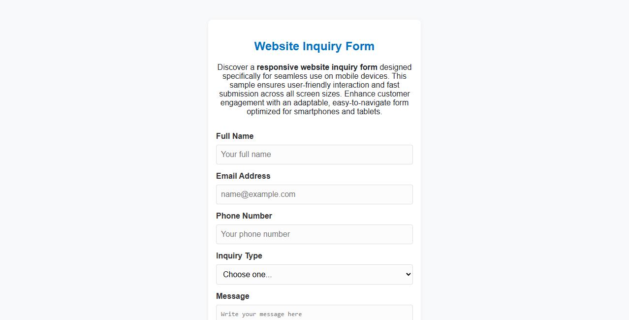 Responsive website inquiry form sample for mobile devices image preview