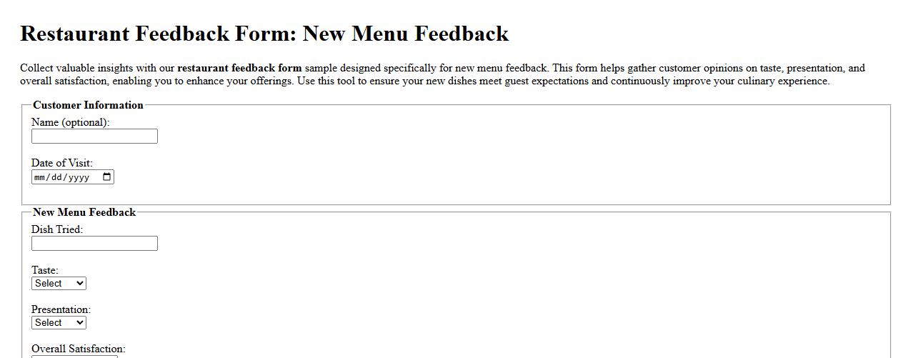 Restaurant feedback form sample for new menu feedback image preview