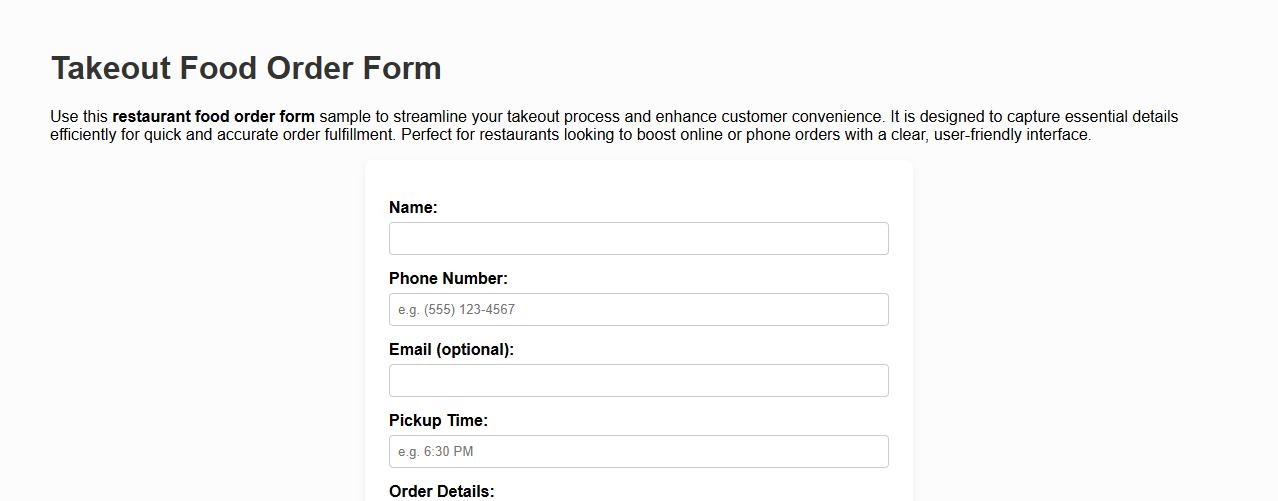 Restaurant food order form sample for takeout image preview