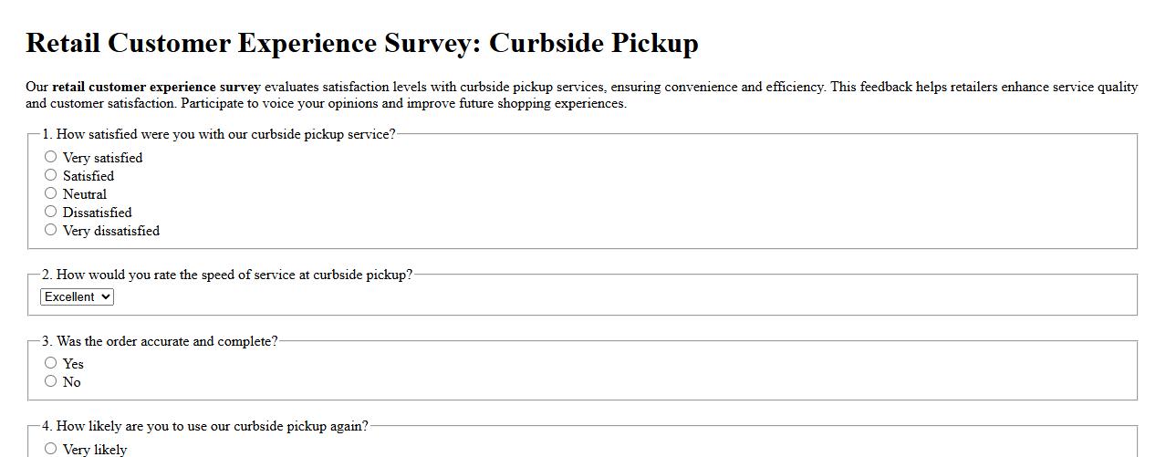 Retail customer experience survey measuring satisfaction with curbside pickup image preview