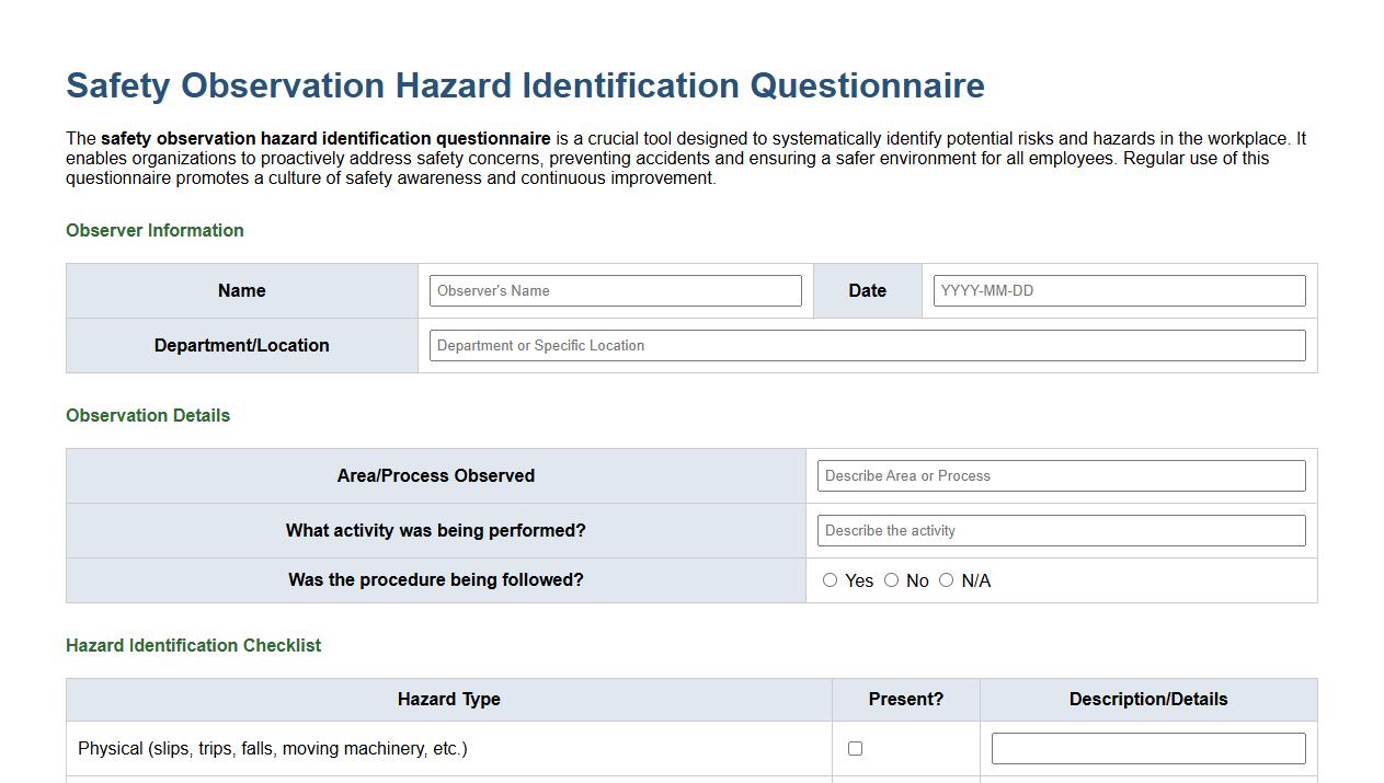 safety observation hazard identification questionnaire image preview