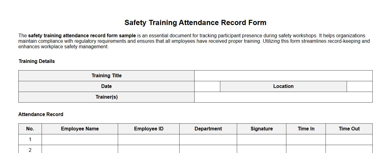 safety training attendance record form sample image preview