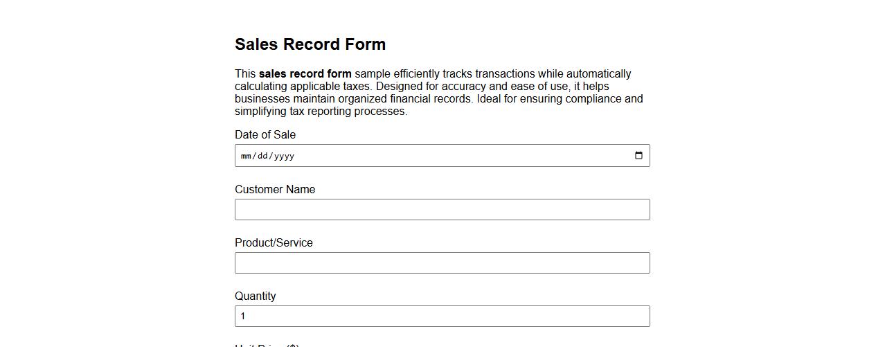 Sales record form sample including tax calculation image preview