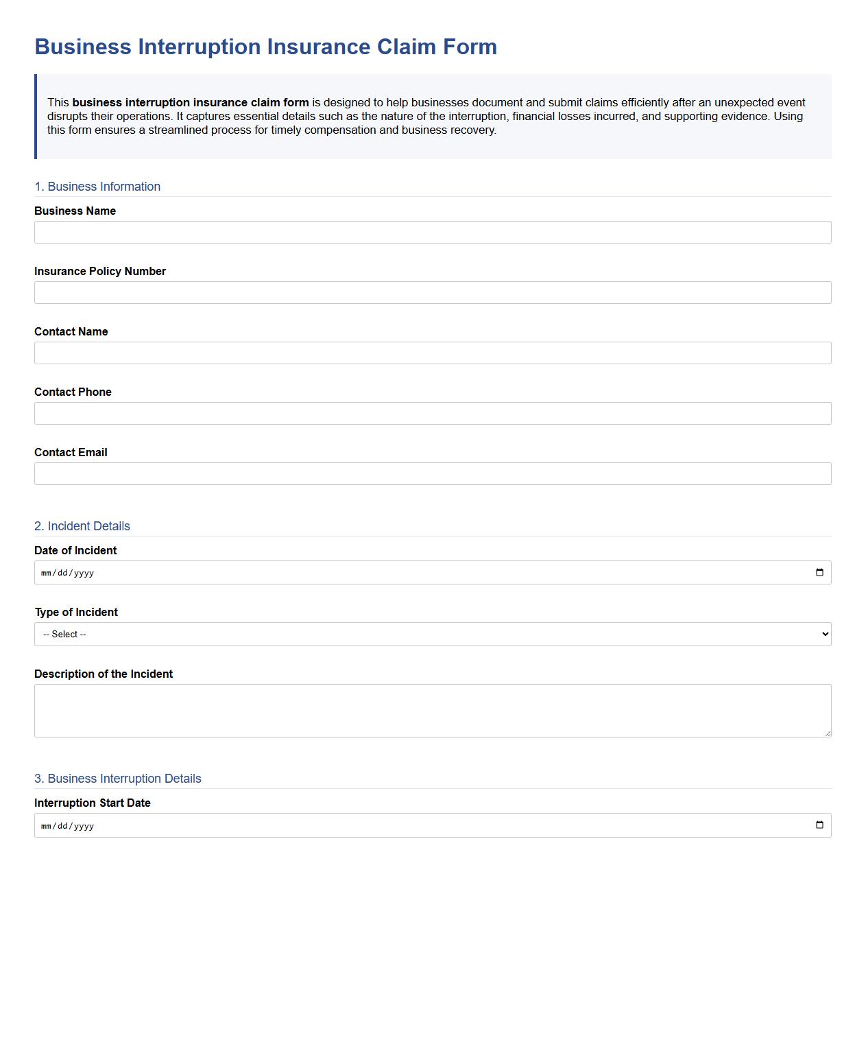 sample business interruption insurance claim form image preview