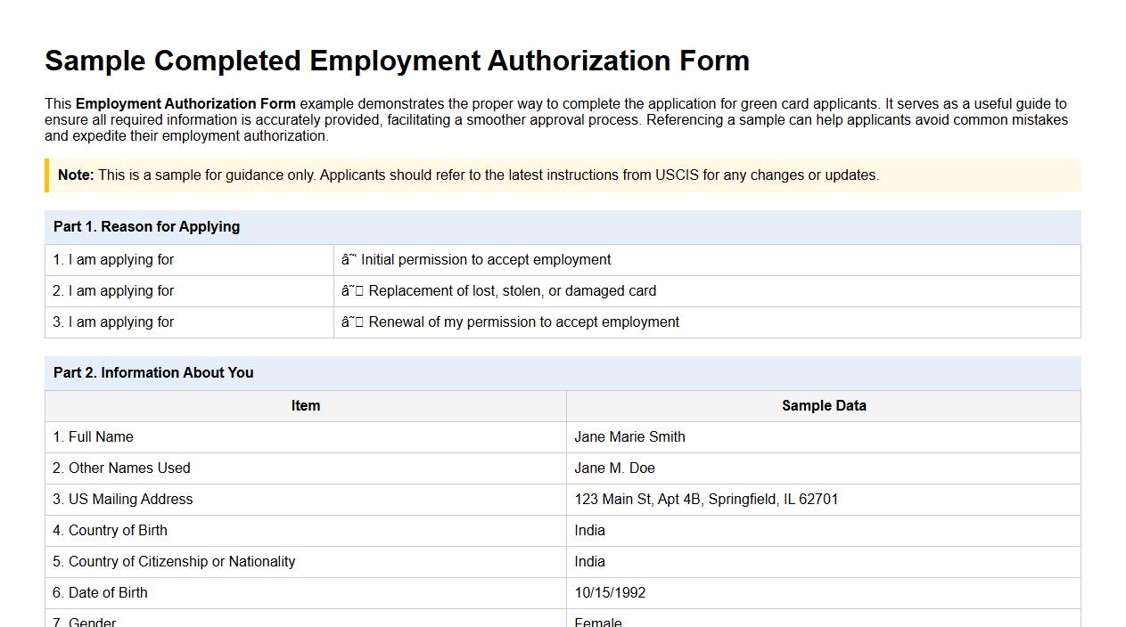 Sample completed Employment Authorization Form for green card applicants image preview