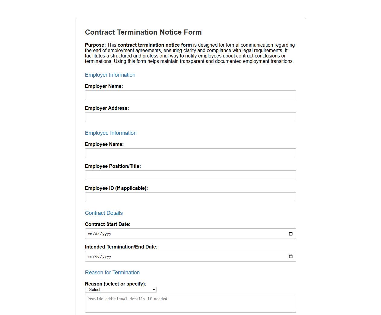 Sample contract termination notice form for employment agreements image preview