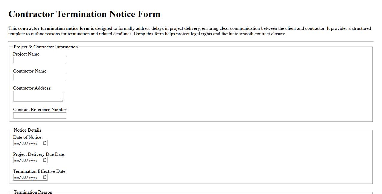 Sample contractor termination notice form for late project delivery image preview