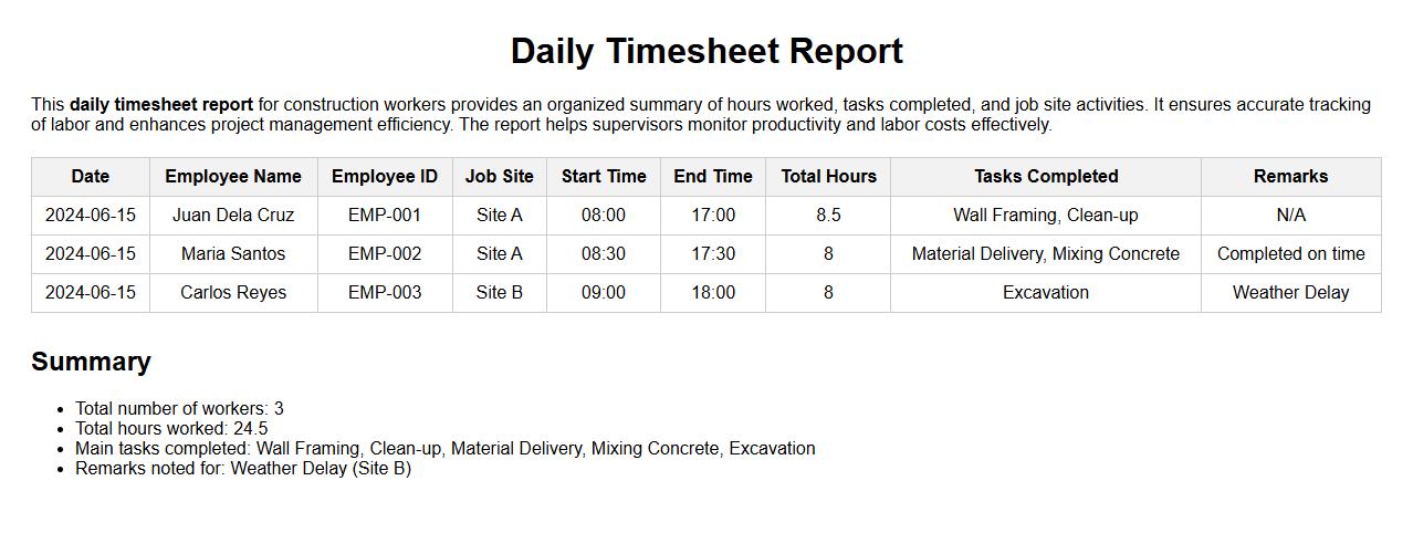 sample daily timesheet report for construction workers image preview