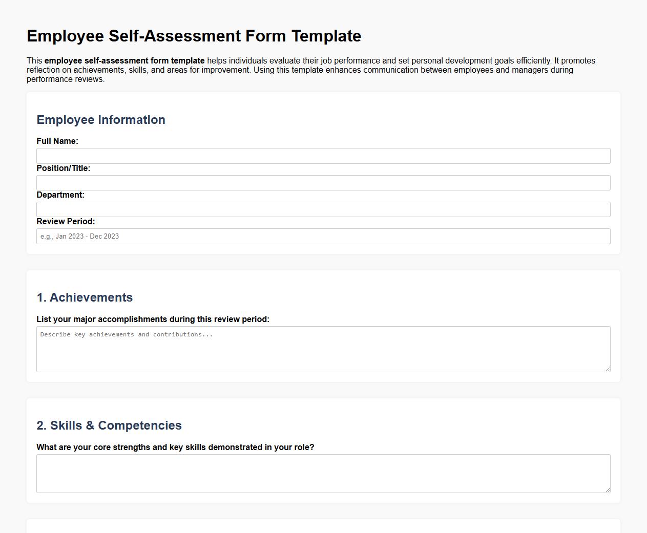 sample employee self-assessment form template image preview