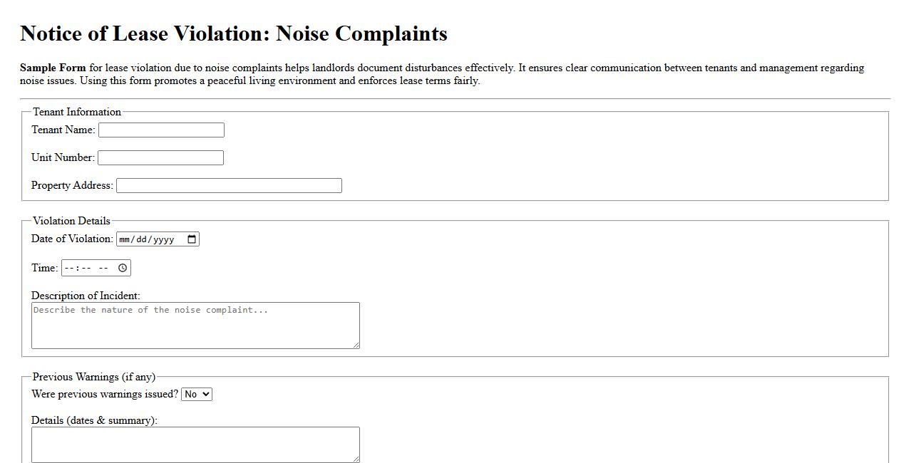 sample form for lease violation due to noise complaints image preview