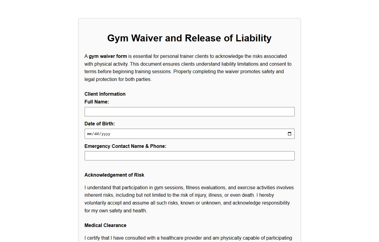 Sample gym waiver form for personal trainer clients image preview
