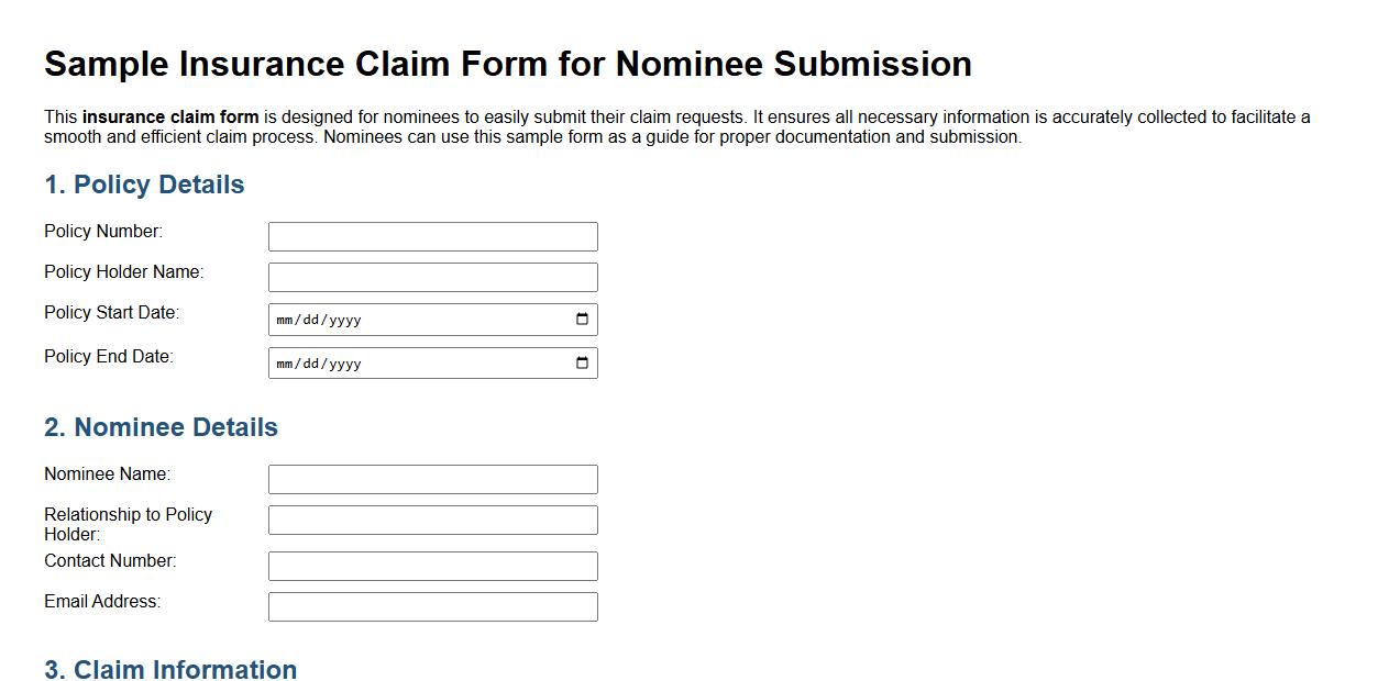 Sample insurance claim form for nominee submission image preview
