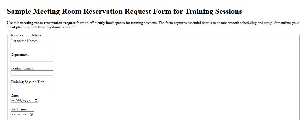 Sample meeting room reservation request form for training sessions image preview