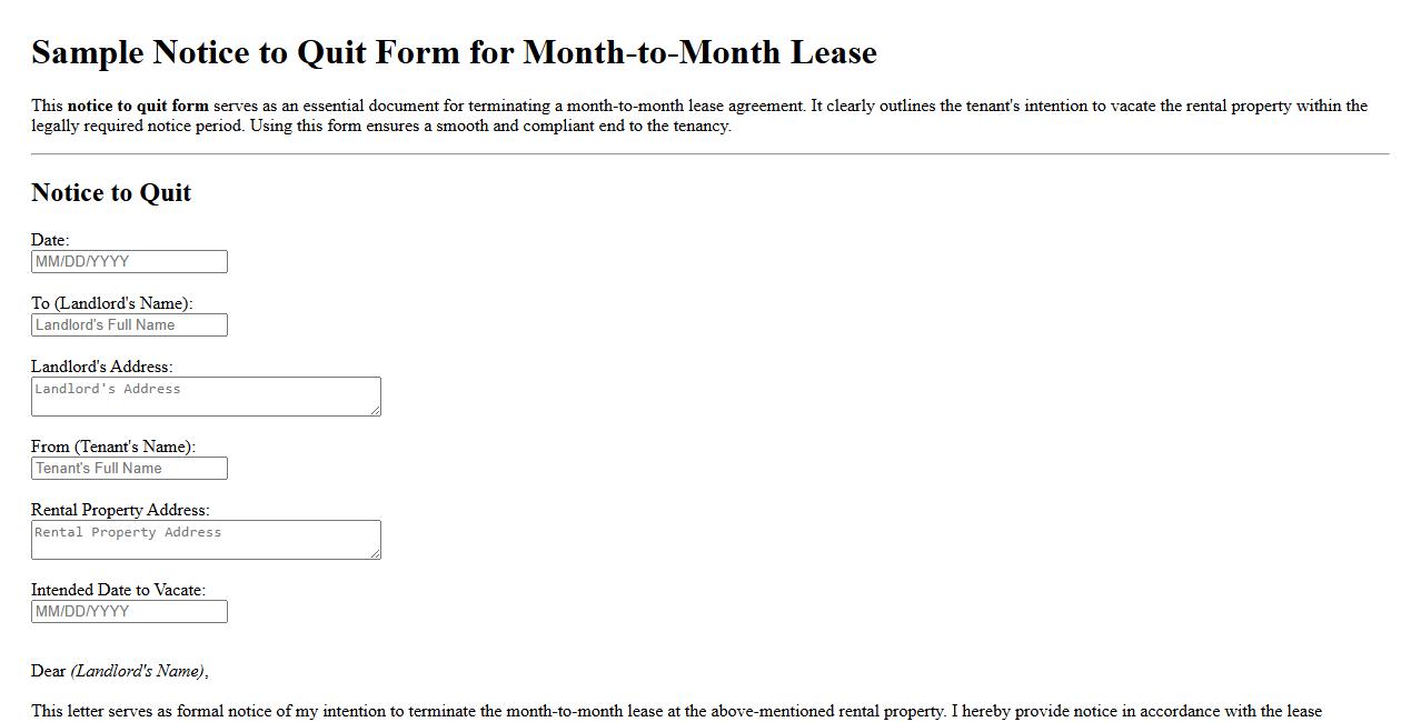 Sample notice to quit form for month-to-month lease image preview