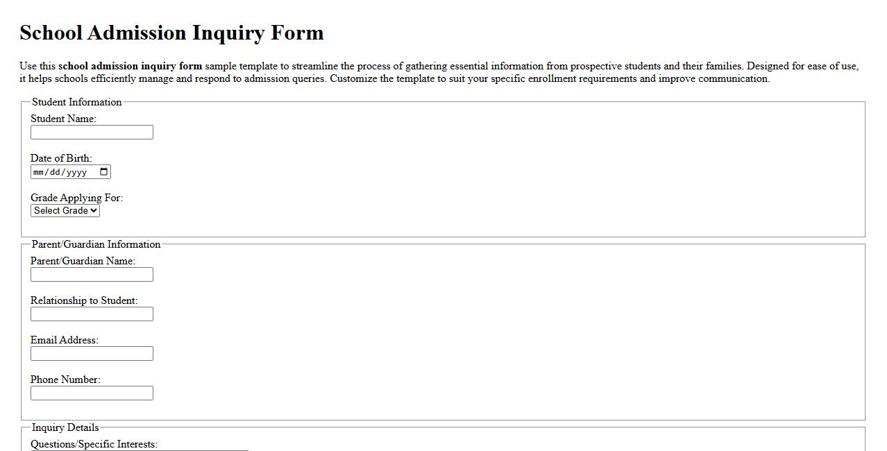 school admission inquiry form sample template image preview