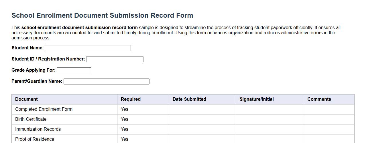 School enrollment document submission record form sample image preview