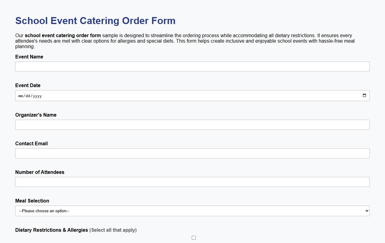school event catering order form sample with dietary restrictions image preview