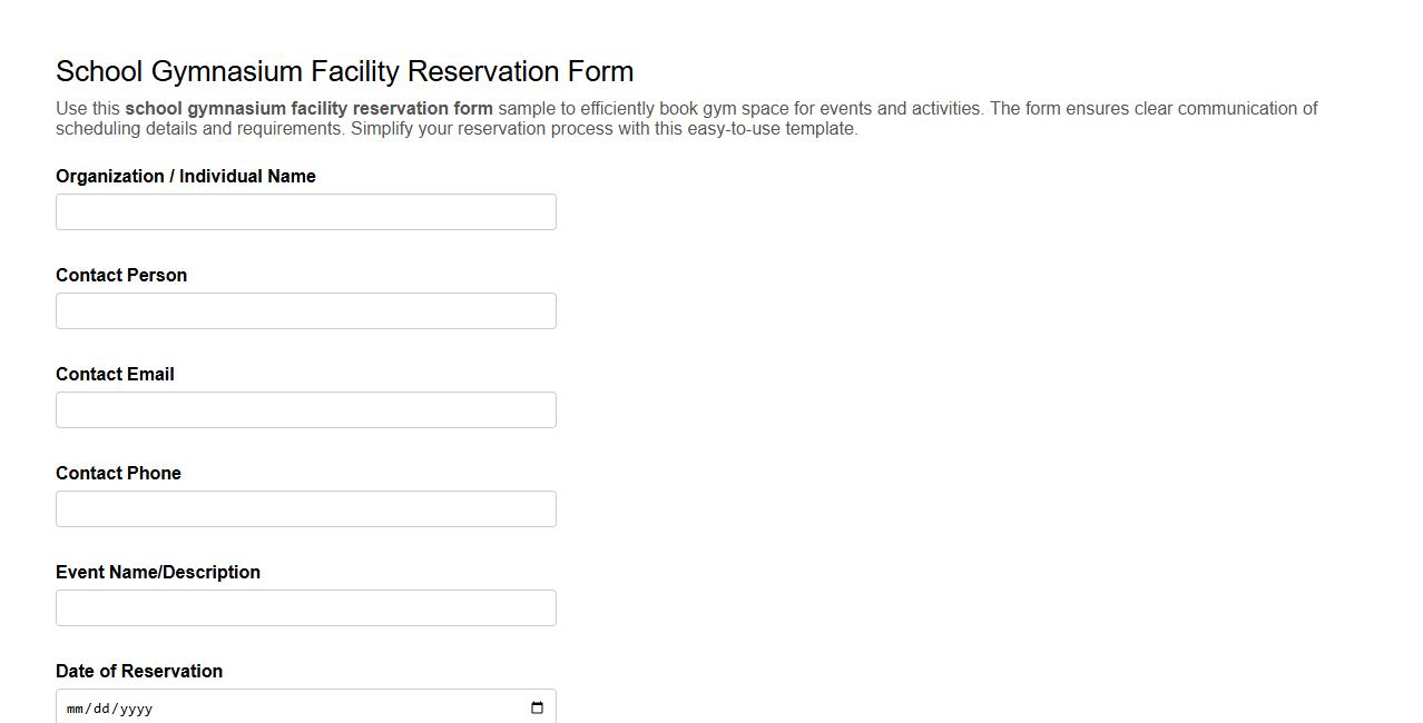 School gymnasium facility reservation form sample image preview