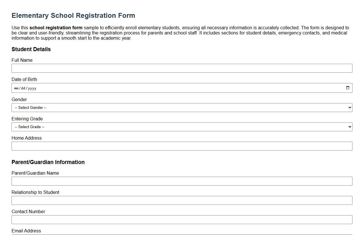 School registration form sample for elementary students image preview