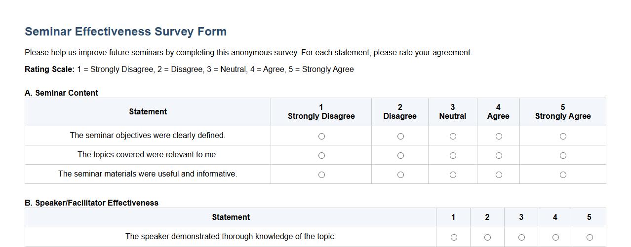 seminar effectiveness survey form sample with rating scale image preview