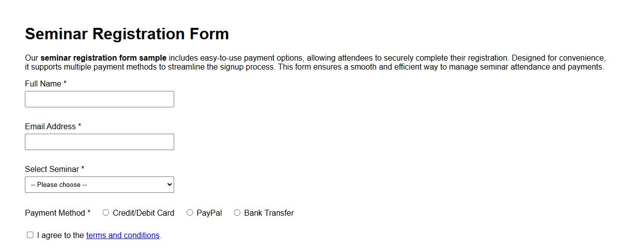 seminar registration form sample with payment options image preview