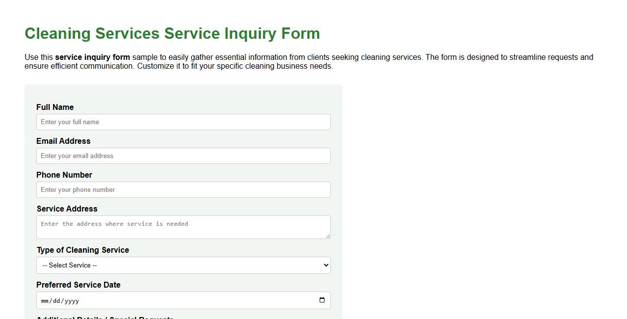 service inquiry form sample for cleaning services image preview