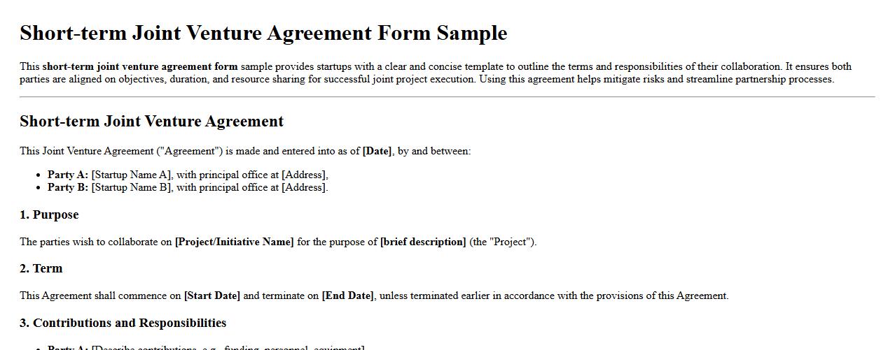 Short-term joint venture agreement form sample for startups image preview
